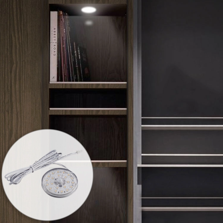 Foco LED circular para iluminación interior de armarios y estantes con detalle del producto